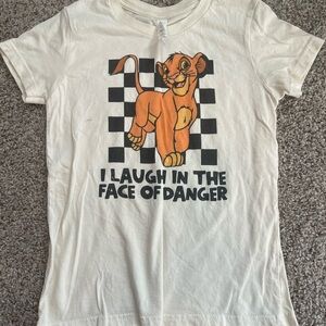 Disney Cream Tee with Orange Simba Graphic and Black Checker Print